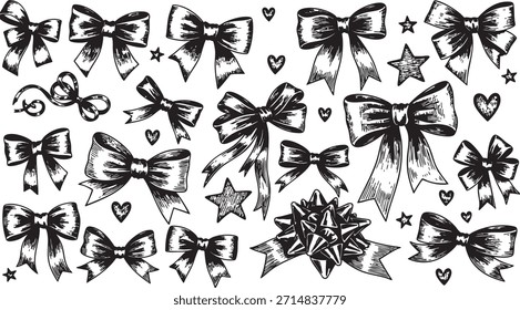 Un conjunto detallado de varias Formas de arco y estrellas renderizadas en un estilo de boceto dibujado a mano en blanco y negro, perfecto para agregar un toque vintage o artesanal a los diseños. Los Elementos están esparcidos por el f