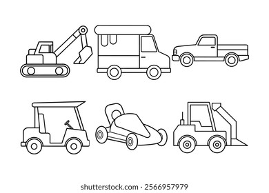 

A detailed set of vehicle line art vector illustrations, featuring various cars, trucks, bikes, and more. Perfect for design projects, prints, and digital use. Crisp, scalable, and versatile for 