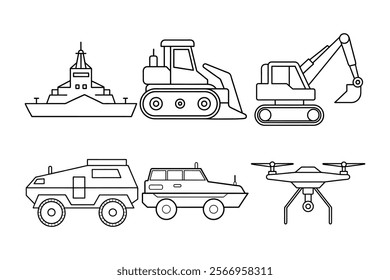 

A detailed set of vehicle line art vector illustrations, featuring various cars, trucks, bikes, and more. Perfect for design projects, prints, and digital use. Crisp, scalable, and versatile for 