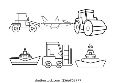 

A detailed set of vehicle line art vector illustrations, featuring various cars, trucks, bikes, and more. Perfect for design projects, prints, and digital use. Crisp, scalable, and versatile for 