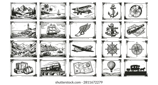 A detailed set of vintage icons showcasing various transportation and nautical elements.