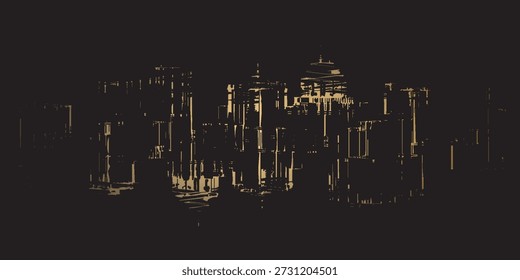 A detailed shot of a drum kit, showcasing the various components like cymbals, snare, and tom-toms, with a focus on their reflective surfaces and the interplay of light and shadow in a dimly lit environment.