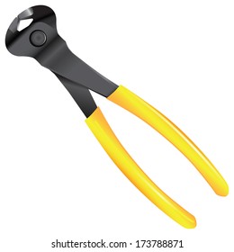 Detailed shot of wire cutter with yellow plastic handle isolated on white background. Vector illustration.