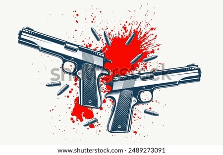 Detailed shotgun and blood splatter vector illustration of a detective criminal story, beautiful gun drawing, movie poster or book cover.