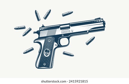 Detailed shotgun and bullets vector illustration in a classic graphic design style, beautiful gun drawing.