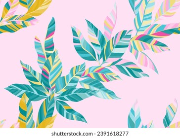 Detailed shrub leafage endless pattern design. Modern floral spring bandana textile print. Hawaiian tree branch leaves repeat pattern. Stripes texture plant leaves.
