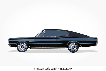 detailed side of a flat black blue retro car cartoon with black stroke and shadow