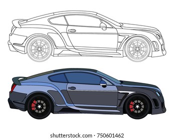detailed side of a flat black blue sedan car cartoon vector with black stroke option for custom able color for kids drawing book