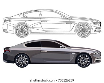 detailed side of a flat black car cartoon vector with black stroke option for custom able color for kids drawing book