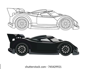 detailed side of a flat black car cartoon vector with black stroke option for custom able color for kids drawing book