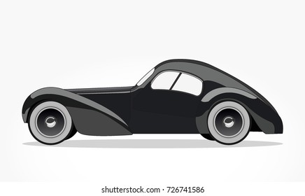 detailed side of a flat black classic or vintage car cartoon with lighting and shadow effect
