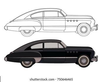 detailed side of a flat black classic car cartoon vector with black stroke option for custom able color for kids drawing book