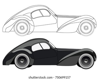 detailed side of a flat black classic car cartoon vector with black stroke option for custom able color for kids drawing book