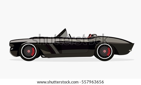 detailed side of a flat black classic convertible car cartoon with black stroke and shadow in 16:9 wide screen ratio