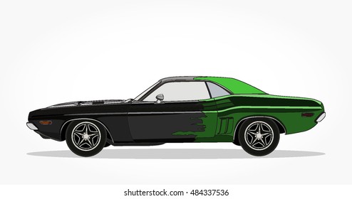 detailed side of a flat black green muscle car cartoon with black stroke and shadow