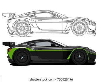 detailed side of a flat black green car cartoon vector with black stroke option for custom able color for kids drawing book