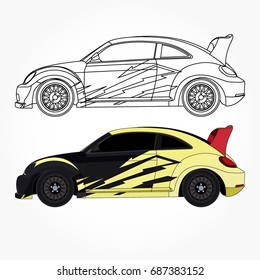 detailed side of a flat black racing yellow car cartoon vector with black stroke option for customable color for kids drawing book.