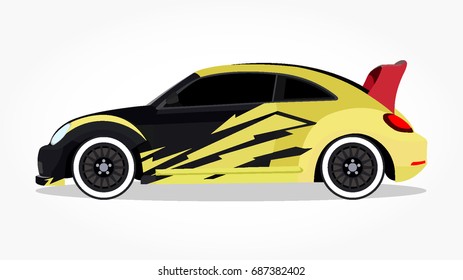 detailed side of a flat black yellow racing car cartoon vector with shadow effect