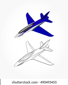 detailed side of a flat blue airplane cartoon vector with black stroke option for custom-able color for kids drawing book.