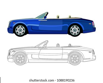 detailed side of a flat blue car cartoon vector with black stroke option for custom able color