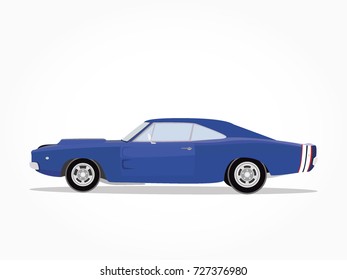 detailed side of a flat blue old vintage sedan car cartoon with lighting and shadow effect
