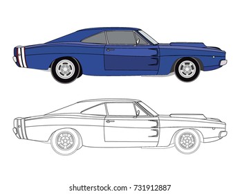 detailed side of a flat blue old vintage car cartoon vector with black stroke option for custom able color for kids drawing book
