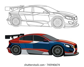 detailed side of a flat blue orange car cartoon vector with black stroke option for custom able color for kids drawing book