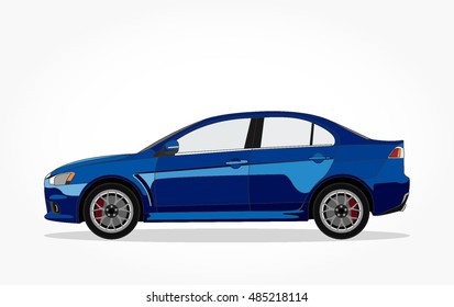 detailed side of a flat blue sedan car cartoon with black stroke and shadow