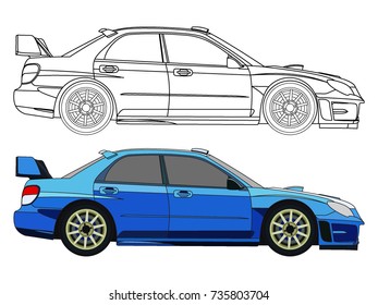 detailed side of a flat blue sedan car cartoon vector with black stroke option for custom able color for kids drawing book