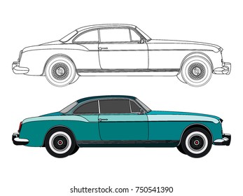 detailed side of a flat blue sedan car cartoon vector with black stroke option for custom able color for kids drawing book