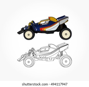 detailed side of a flat blue white green offroad racing car cartoon vector with orange yellow stripe with black stroke option for custom able color for kids drawing book.