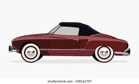 detailed side of a flat brown classic convertible car with black roof cartoon with black stroke and shadow in 16:9 wide screen ratio