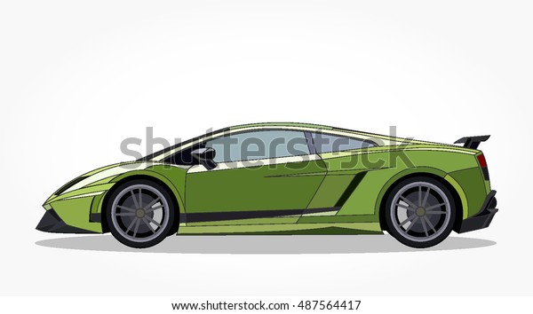detailed\
side of a flat green sports car cartoon with black stroke and\
shadow. colored car icon. super car logo\
vector.