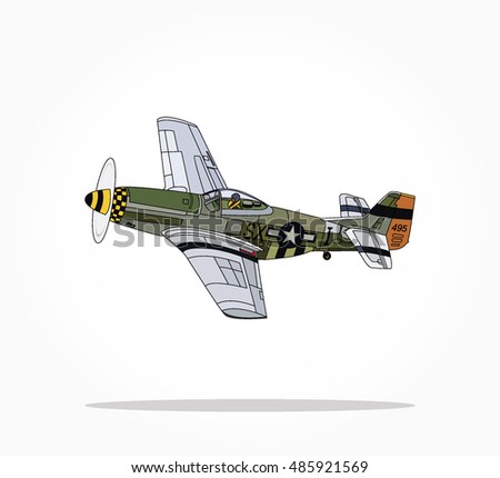 detailed side of a flat green white old war airplane with propeller cartoon with black stroke and shadow.