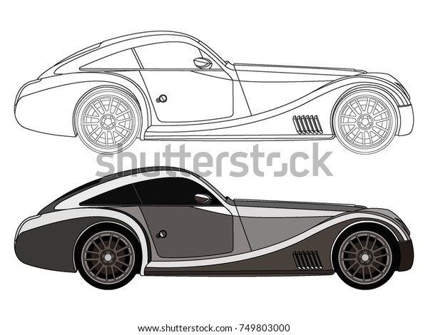 detailed side of a flat grey classic car cartoon vector with black ...