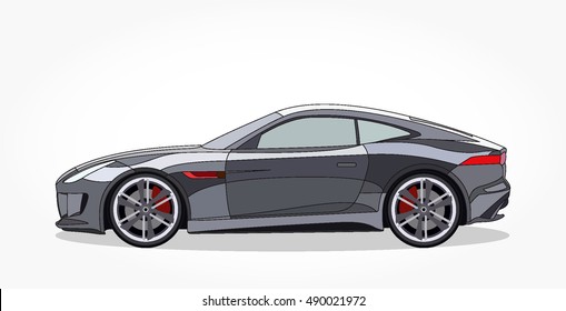 detailed side of a flat grey sports car cartoon with black stroke and shadow.