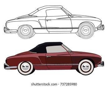 detailed side of a flat red convertible car cartoon vector with black stroke option for custom able color for kids drawing book