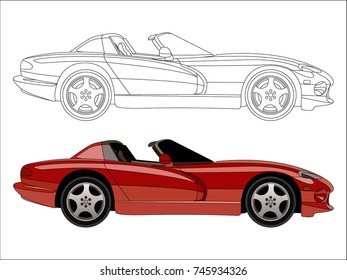 detailed side of a flat red convertible car cartoon vector with black stroke option for custom able color for kids drawing book