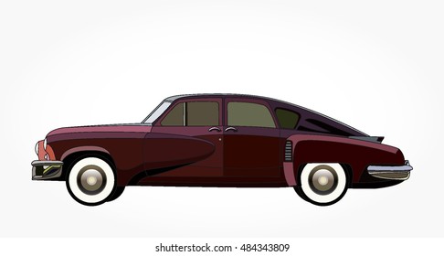 detailed side of a flat red maroon retro car cartoon with black stroke and shadow