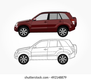 detailed side of a flat red maroon suv car cartoon vector with black stroke option for custom able color for kids drawing book.