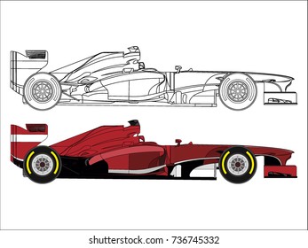 detailed side of a flat red racing car cartoon vector with black stroke option for custom able color for kids drawing book