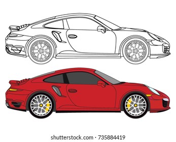 detailed side of a flat red sedan car cartoon vector with black stroke option for custom able color for kids drawing book