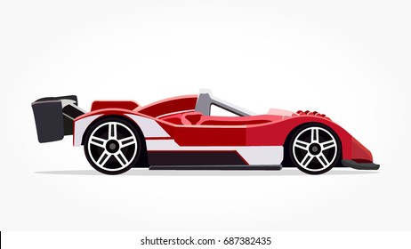 detailed side of a flat red white racing car cartoon vector with shadow effect