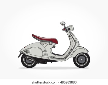detailed side of a flat white modern scooter motor bike cartoon with black stroke and shadow