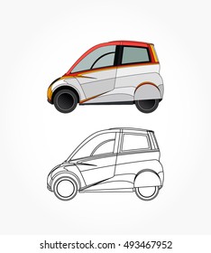 detailed side of a flat white orange electric car cartoon vector with black stroke option for custom able color for kids drawing book.