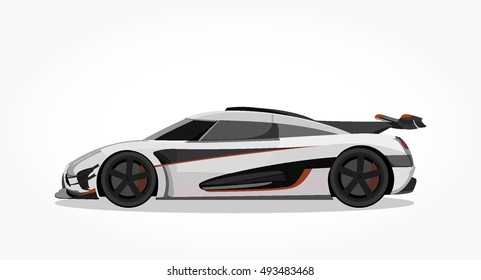 detailed side of a flat white racing car cartoon vector with shadow