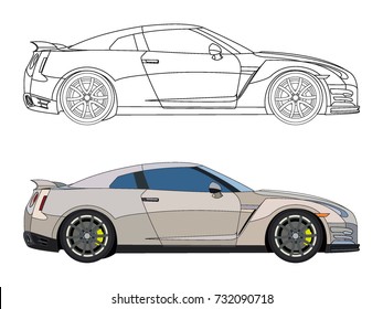 detailed side of a flat white sedan car cartoon vector with black stroke option for custom able color for kids drawing book