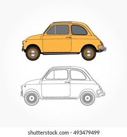 detailed side of a flat yellow classic old car cartoon vector with black stroke option for custom able color for kids drawing book.