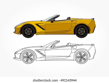 detailed side of a flat yellow convertible sports car cartoon vector with black stroke option for custom able color for kids drawing book.