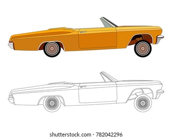 detailed side of a flat yellow convertible sedan car cartoon vector with black stroke option for custom able color for kids drawing book